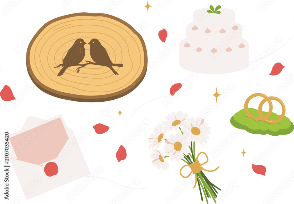 Fototapeta premium Rustic wedding elements vector set with wooden slice bird carving, white cake, rings, daisy bouquet, and invitation letter icon