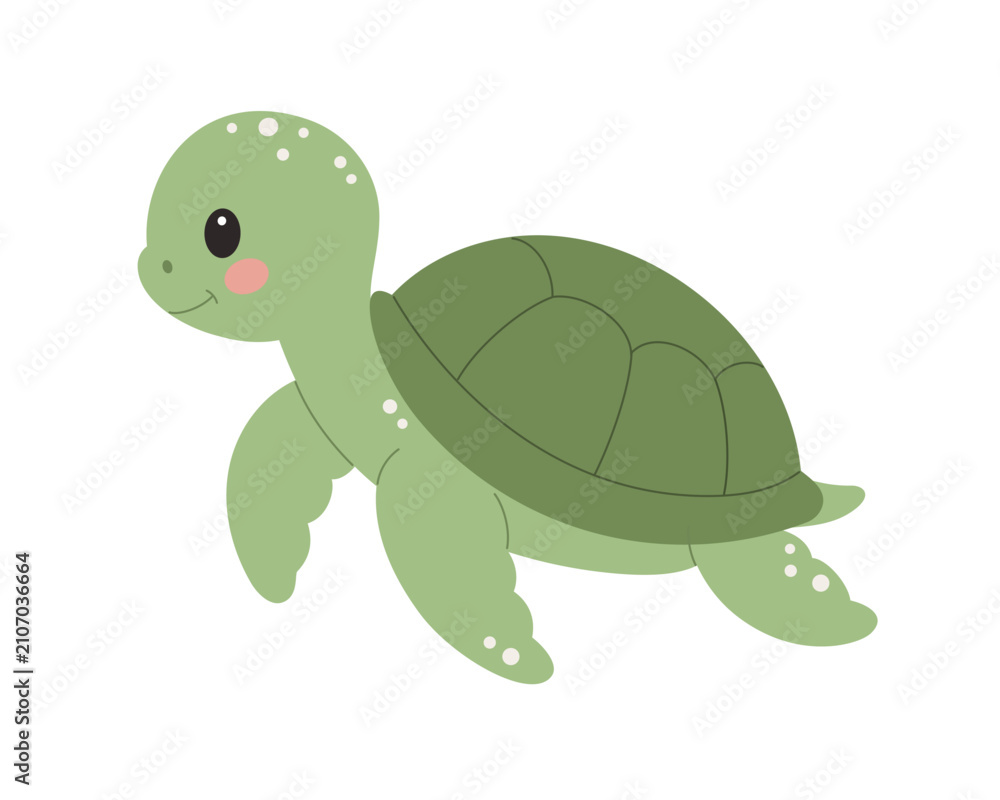Obraz premium Cute sea turtle cartoon in flat vector style. Adorable marine animal illustration for nursery, kids design, baby products, education, sticker, print and ocean themed projects.