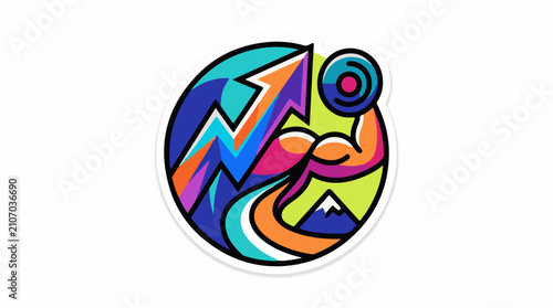 Vibrant abstract circle with upward arrow muscular arm and mountain