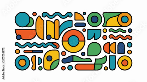 Vibrant abstract composition of geometric shapes and wavy lines