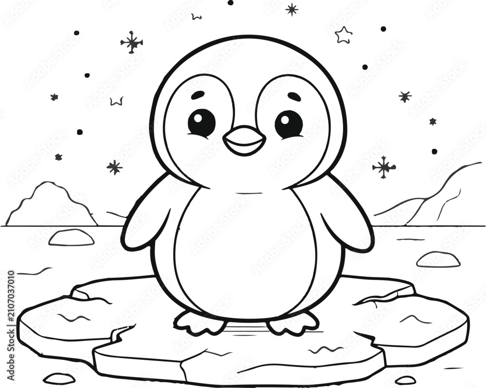 Fototapeta premium Cute cartoon penguin standing on ice floe