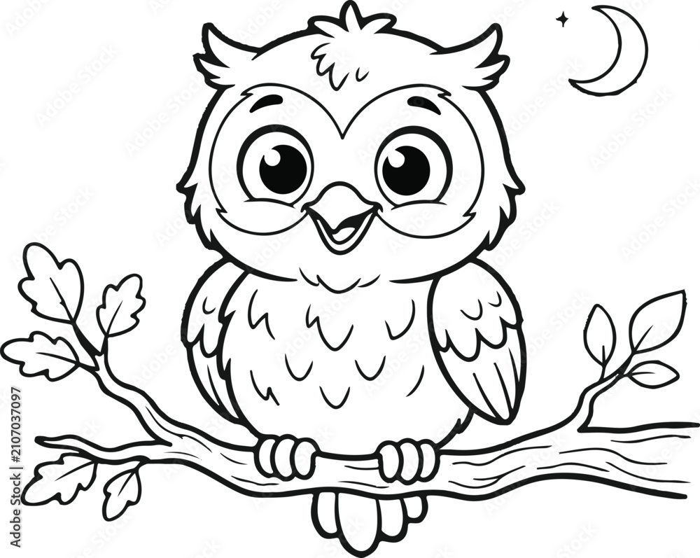 Fototapeta premium Cute cartoon owl sitting on a branch at night