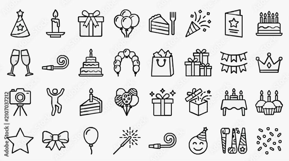 Fototapeta premium Clean Black and White Line Icons Set of Party and Celebration Elements for Digital Design Use with high quality professional line art symbols for modern creative design and digital branding projects