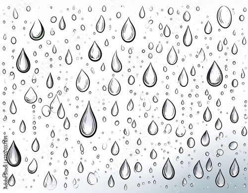 Realistic illustration of transparent water drops on a glass surface, creating a refreshing condensation effect with highlights and shadows