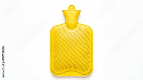 Bright yellow rubber hot water bottle container for pain relief and warmth on white background