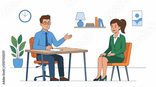 Two professionals in an office setting during a meeting or interview