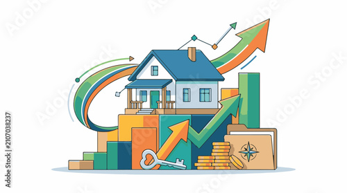 Upward growth and financial success symbolized by a house and charts