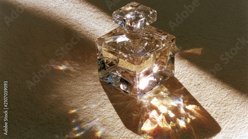 Faceted glass bottle with stopper catches sunlight, casting colorful reflections on carpet