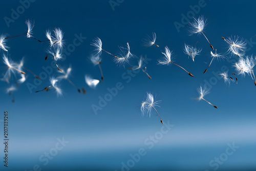 Dandelion seeds caught in the wind against a clear blue sky, scattering from the flower head. A symbol of freedom, wishes, and nature's cycle.