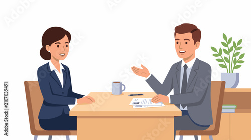 Two professionals in business attire sit at a desk talking