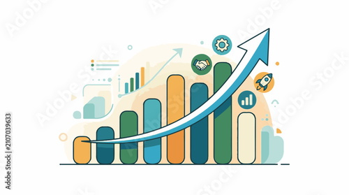 Upward trend graph with abstract shapes rocket and handshake