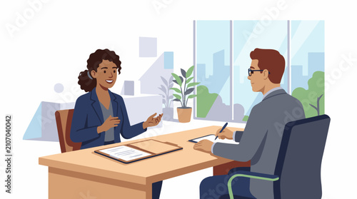 Two professionals in office one interviewing the other