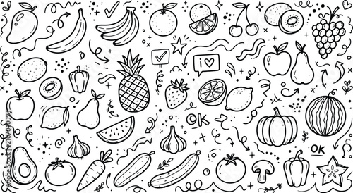 Принти на полотні Large assortment of fresh fruits and vegetables doodle sketch pattern with hand