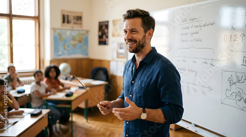 A smiling teacher standing in front of a whiteboard and students in a classroom