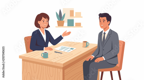 Two professionals in suits converse across a desk with documents