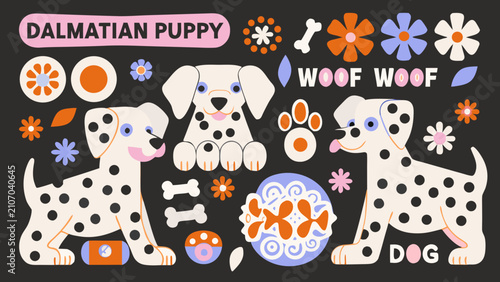 Fotografía Dalmatian Puppy Illustration With Floral Elements And Paw Prints A Colorful Vect