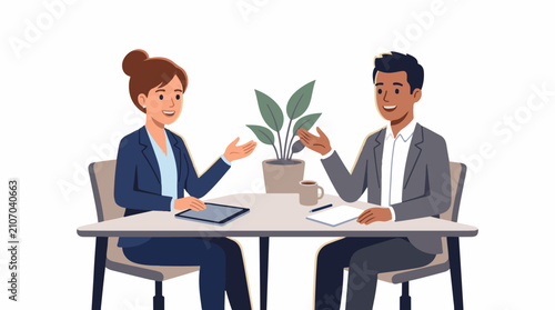 Two professionals in suits converse at a table with a plant