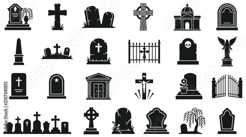 Foto Black silhouette icons of cemetery tombstones and graves.