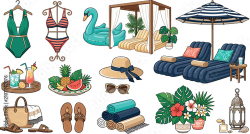 Cuadro en lienzo Summer beach resort and luxury pool vacation elements set with swimwear lounge c