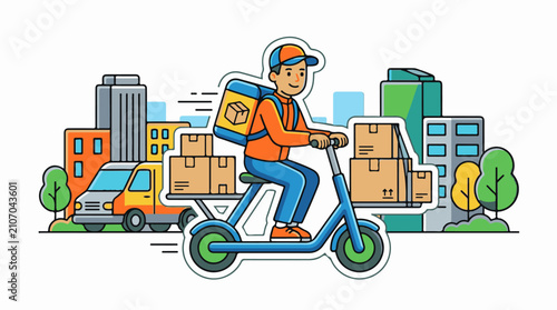 Urban delivery person on scooter with packages and cityscape