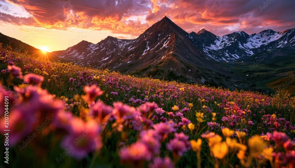 Obraz premium Vibrant mountain wildflowers bloom under a fiery sunset sky