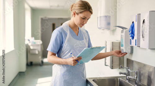 Nurse checking hand hygiene readiness at a care facility sink with sanitizer dispenser, glove box, and clipboard near a softly blurred hallway.