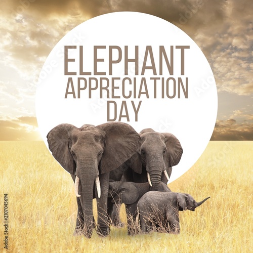 Foto Elephant Appreciation Day graphic with african elephants in a grassy savannah la
