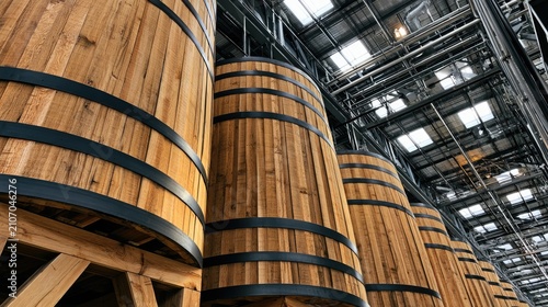 Tall wooden barrels stand in a warehouse, lit by overhead skylights