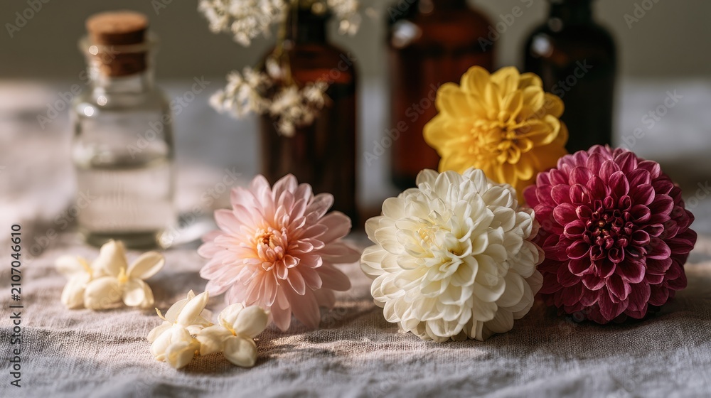 Obraz premium Delicate dahlia blooms and small white blossoms arranged on a textured cloth, with bottles in background