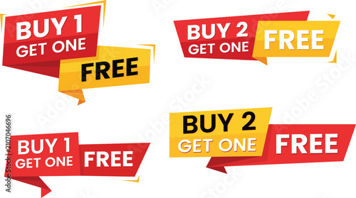 PrintBuy One Get One Free & Buy 2 Get 1 Free Sale Banner Sticker Vector, BOGO Promotion Labels, Discount Offer Tags, Retail Marketing Badges Set