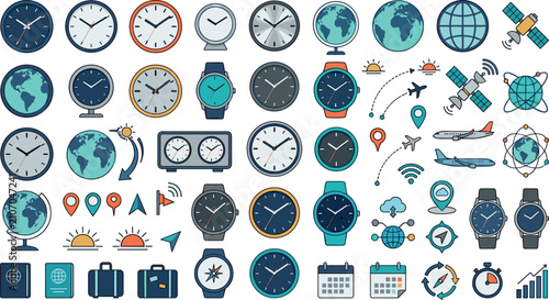 Konstfotografi Global time zones and logistics travel vector icon set with world globes clocks