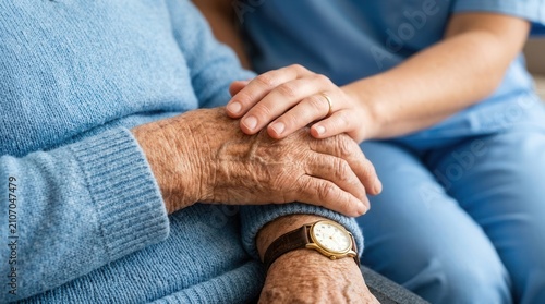 Closeup of a doctor supporting an elderly woman in a clinic