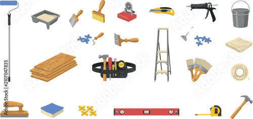 Home renovation and wall tiling construction tools set with paint roller, ladder, trowel, tool belt, and level vector illustration