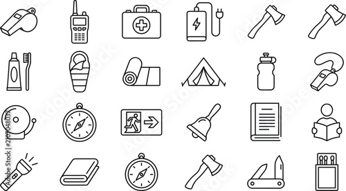 Emergency survival kit and outdoor camping icon set with whistle radio tent axe line art vector elements