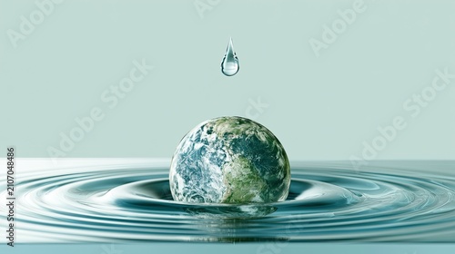 Earth poised on water ripples, a falling droplet creates waves