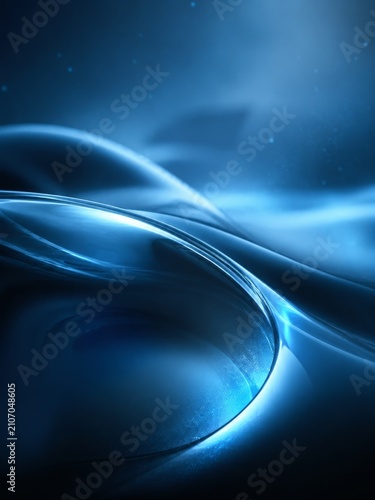 Abstract blue glass waves background with fluid light reflections and futuristic smooth surfaces