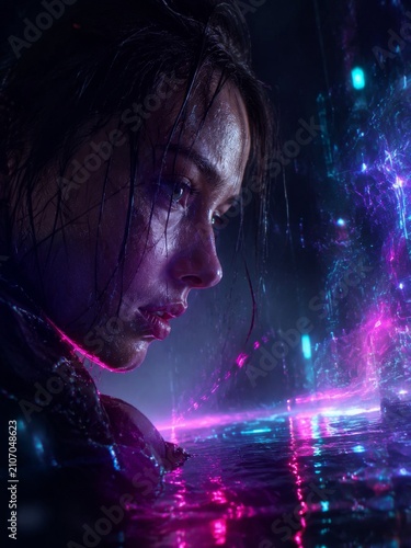 Neon cyberpunk woman portrait in rainy futuristic city with reflective water and moody lighting