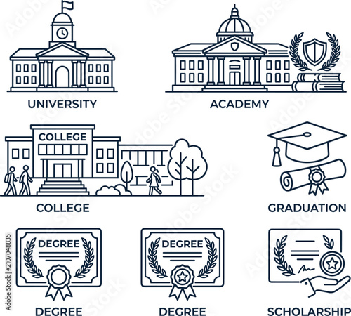 Higher education and graduation icon set with university college academy degree line art vector elements