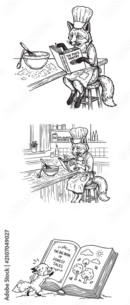 Obraz premium Chef Fox Reading Cookbook The Foxs Pantry And Kitchen Recipes With Big Book Of Forest Tales Coloring Set For Kids