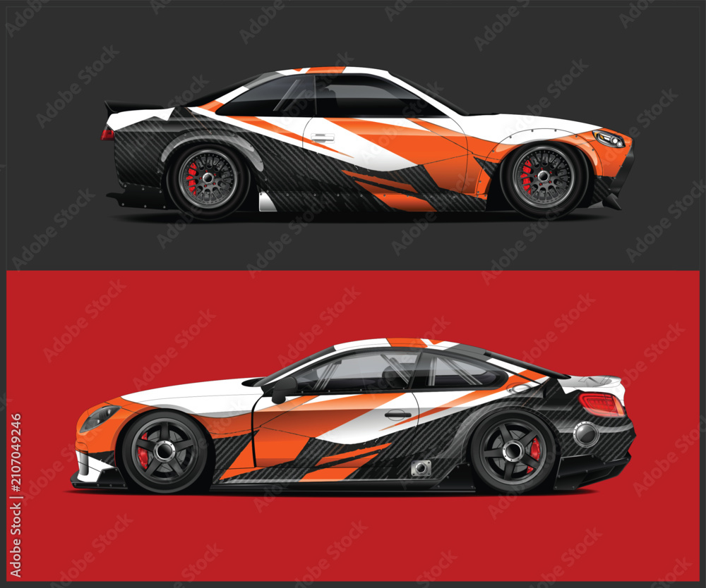 Fototapeta premium Dynamic Car Wrap Design with Orange and Black Graphics