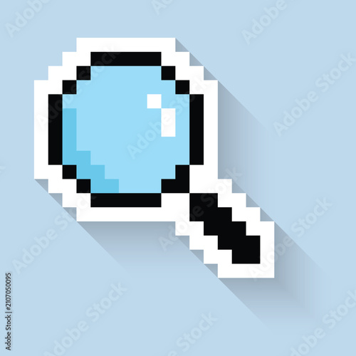 Magnifying glass long shadow sticker 8 bit vector icon for computer game logo