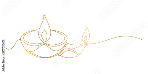 Konstfotografi Continuous line art of a traditional diya oil lamp for the Diwali celebration, vector illustration