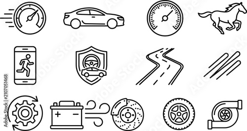 Bild auf Leinwand Car tuning and automotive performance line icon set featuring speedometer horse
