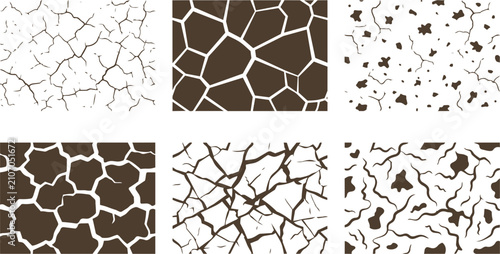 Cracked earth and geometric mosaic pattern vector illustration set featuring various brown and white textures
