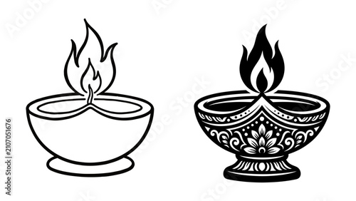 Cuadro en lienzo Decorative oil lamps with flames for traditional indian festival celebration