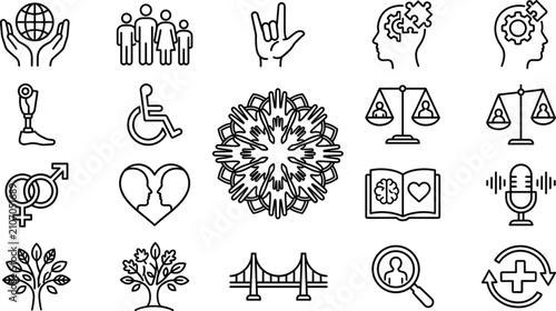 Diversity equity and inclusion line icon set featuring human rights accessibility gender equality and community unity