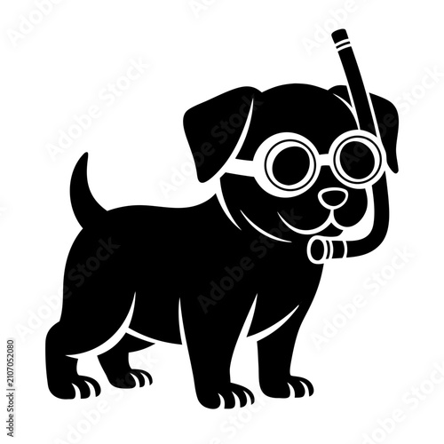 Playful Puppy Wearing Swimming Goggles and Snorkel for Summer Blogs, Pet Care Websites, Aquatic Adventure Designs, Funny Doggy Pool Party Invitations, and Vacation Cards