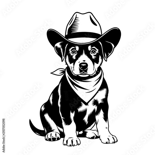 Playful Puppy Sitting, Wearing Cowboy Hat and Bandana, for Western Themed Events, Pet Store Branding, Animal Character Art, and Children's Book Illustration