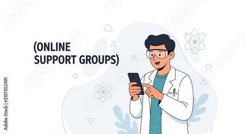 Scientist Using Smartphone for Online Support Group and Telemedicine Consultation, Vector Illustration