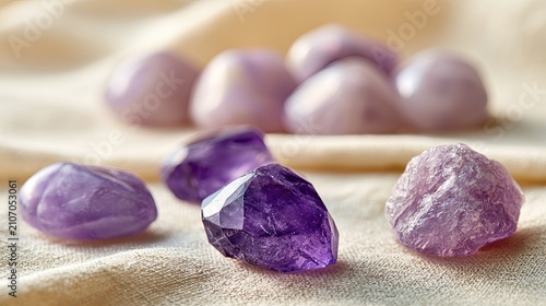 Raw and polished purple gemstones resting on a textured fabric surface